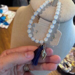 Lilly Pulitzer White Beaded bracelet with Navy Tassel and Gold Charm